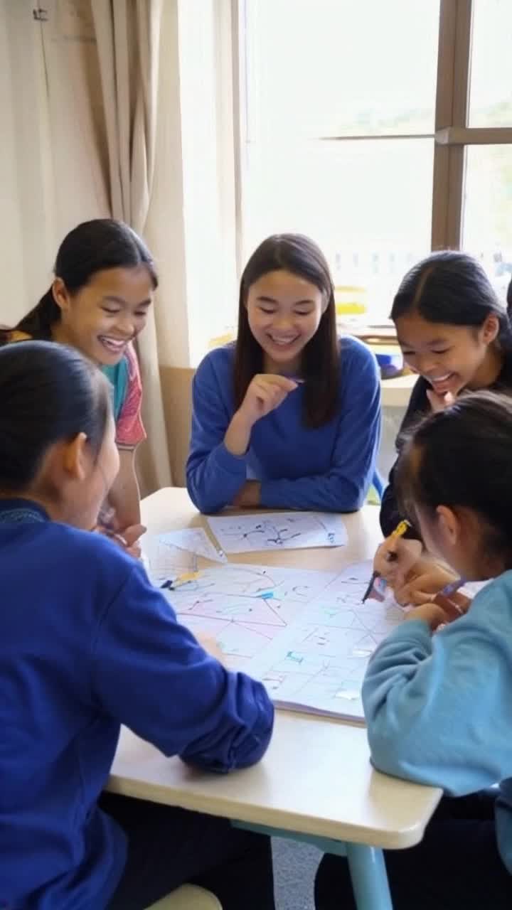 Joyful students engaged in vibrant conversation surrounded by colorful paper models adorned with intricate geometric designs, each creation a testament to their ingenuity animatedly sharing insights illuminating mathematical principles sparkling in their eyes while the sun streams through large windows casting playful shadows on the walls filled with inspirational quotes about learning