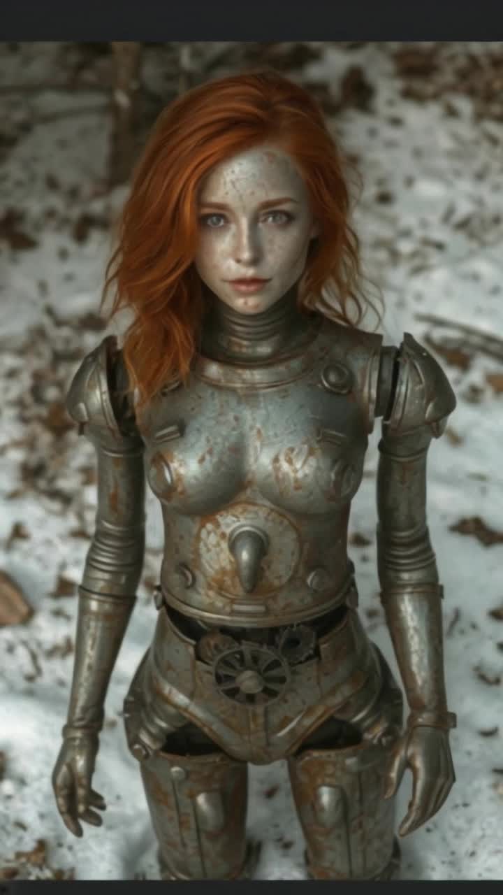 beautiful red head woman stanfs rusted as the tin man, a worn partial smile pained across her face, her cogs gears and metal body falls onto the ground as she stands frozen in a fancy unable to move