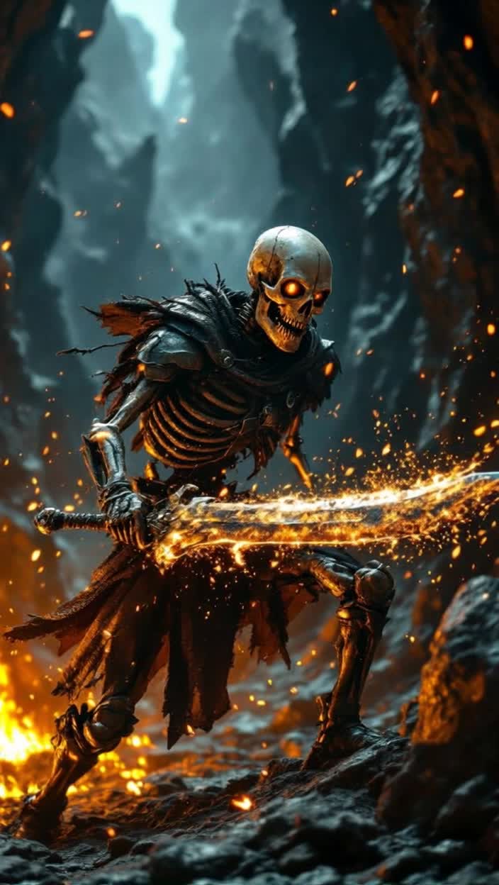 Weathered golden skeleton brandishing a rusted pirate sword engaging in fierce combat with wild swings of its blade against an unseen foe ominously situated within dark jagged rocky canyons of Mordor swirling flames illuminating fierce determination in its hollow eye sockets dynamic motions with embers dancing in the air tensionfilled atmosphere creating a highstakes battle amidst barren landscapes cinematic resolution capturing epic swordfighting choreography enveloped in a SciFi adventure steeped in thrilling dark fantasy elements