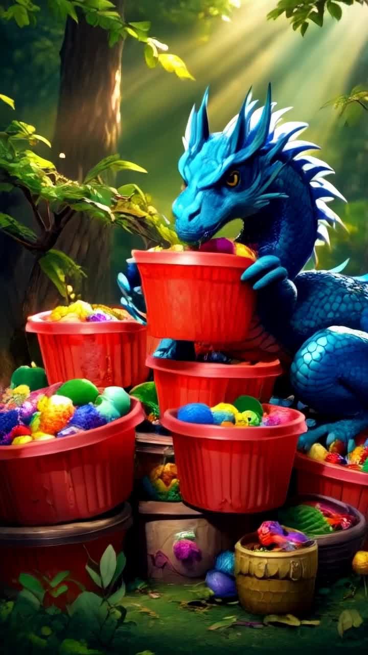 Majestic blue dragon, shimmering scales reflecting sunlight, perched atop a mound of vibrant red tupperware Clutching its treasures with powerful claws, eyes glint with mischief as it playfully rearranges colorful containers Surrounded by an enchanting forest, lush greenery sways gently in the breeze, dappled sunlight filtering through the canopy, illuminating the dragons lair Quirky woodland creatures peek from behind trees, curiously observing the spectacle of a mythical guardian and its peculiar stash, leaves rustling softly as secrets of this whimsical domain come to life