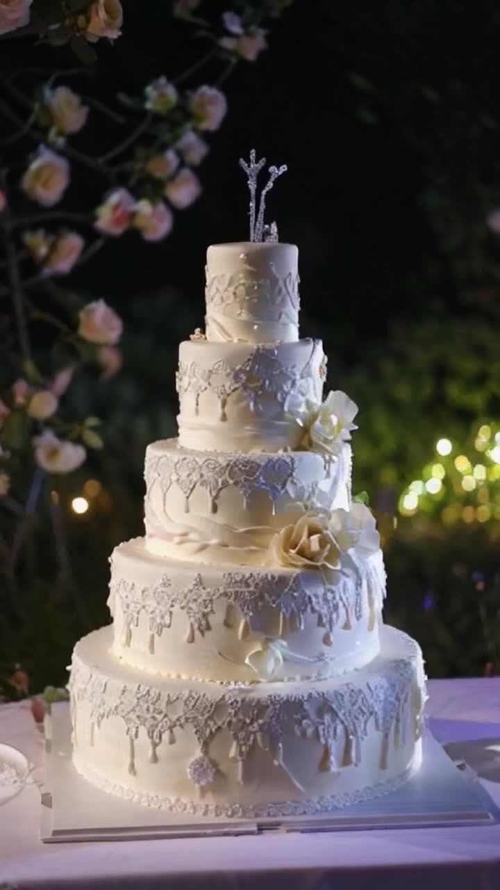 Elegantly decorated multitiered wedding cake adorned with delicate sugar flowers shimmering crystals intricate lace patterns radiating romance Delicious frosting draping gracefully creating captivating 3D effects as light dances across layers Guests marvel in awe reaching out to touch taste Testers hands swirl around cake with excitement Romantic garden setting filled with blooming roses soft fairy lights shimmering in twilight creating a magical atmosphere