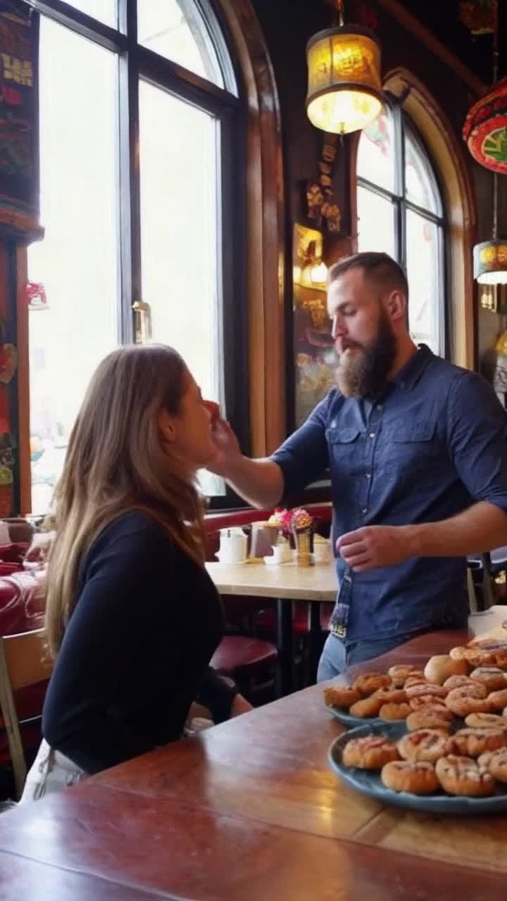 Burly bearded man lunging toward a fierce woman snatching a biscuit from his grasp Massive fist colliding with rugged jaw Sparks fly in a bustling caf filled with colorful pastries and vibrant dcor Light streaming through large windows illuminating shocked patrons witnessing chaos