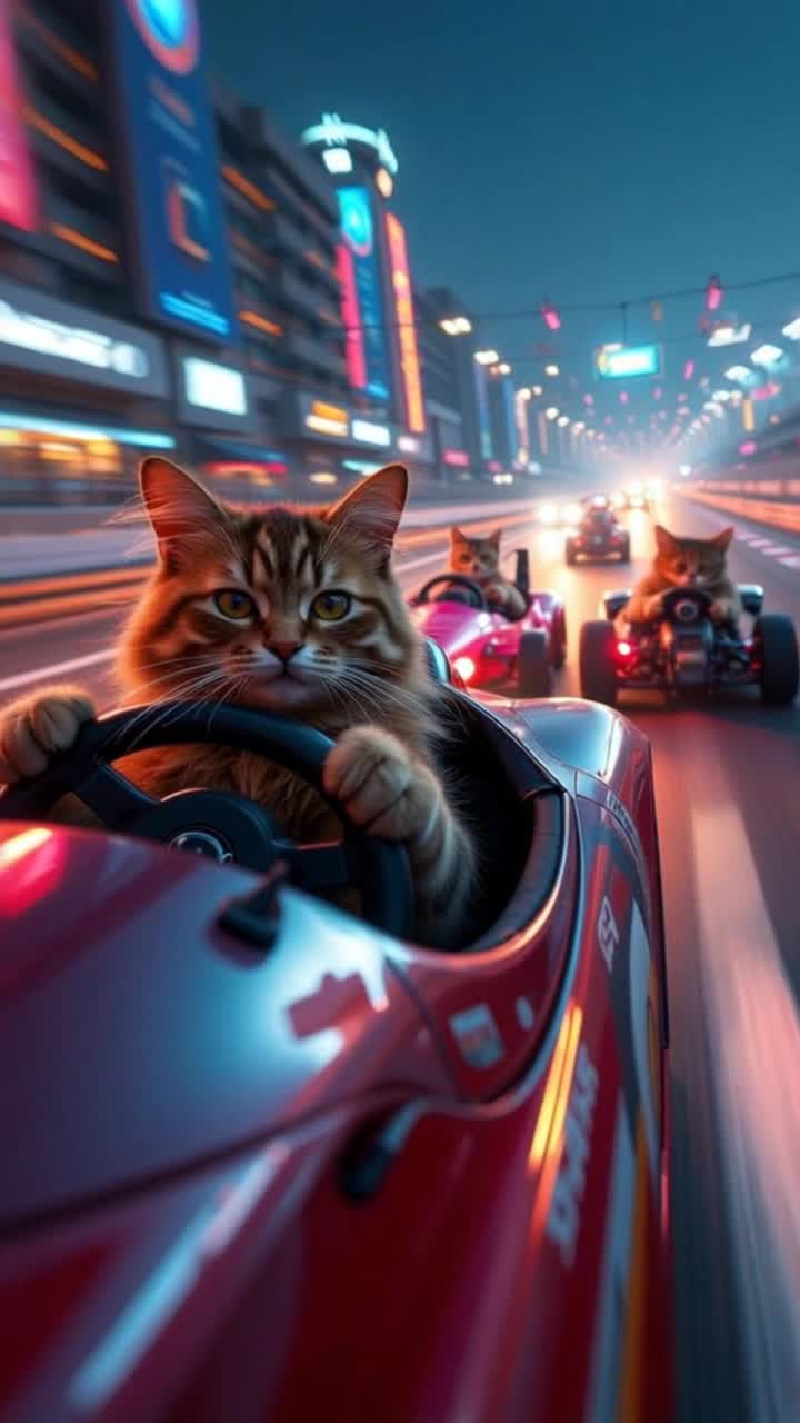 cats racing the grand prix at night
