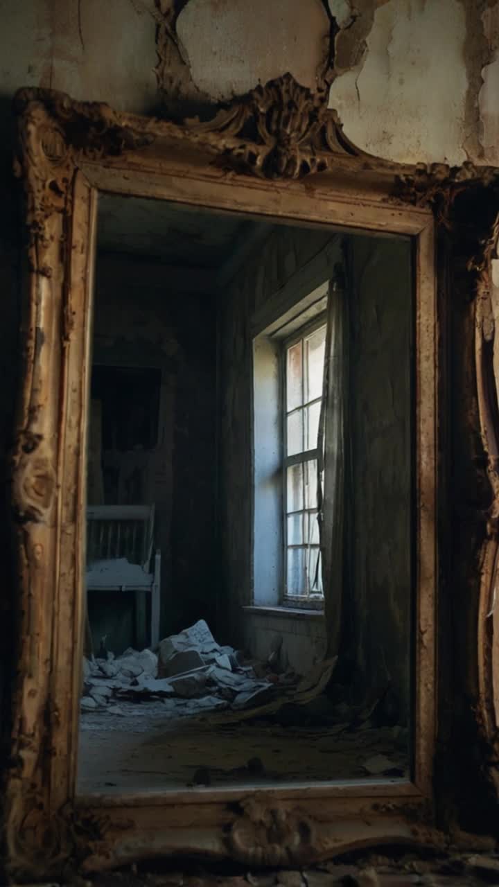 deep shadows in a crumbling nursery, relics unmovingbut in the mirror, a barelyvisible figure Eyes hollow Watching Waiting
