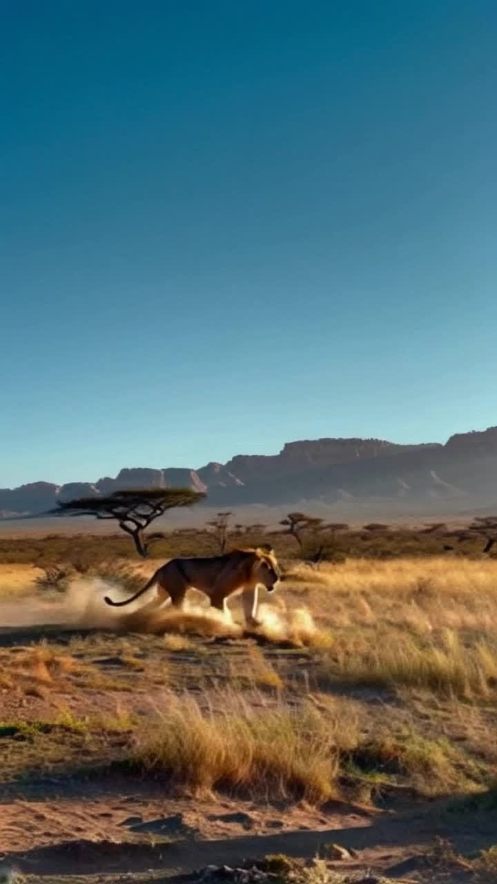 Majestic lion with golden mane sprinting powerfully across sundrenched savannah grasslands, muscles rippling beneath its sleek fur Dust clouds billowing behind as it gallops gracefully, fierce determination in its eyes Warm sunlight casts long shadows across the vast landscape dotted with acacia trees, distant mountains rising under a deep blue sky
