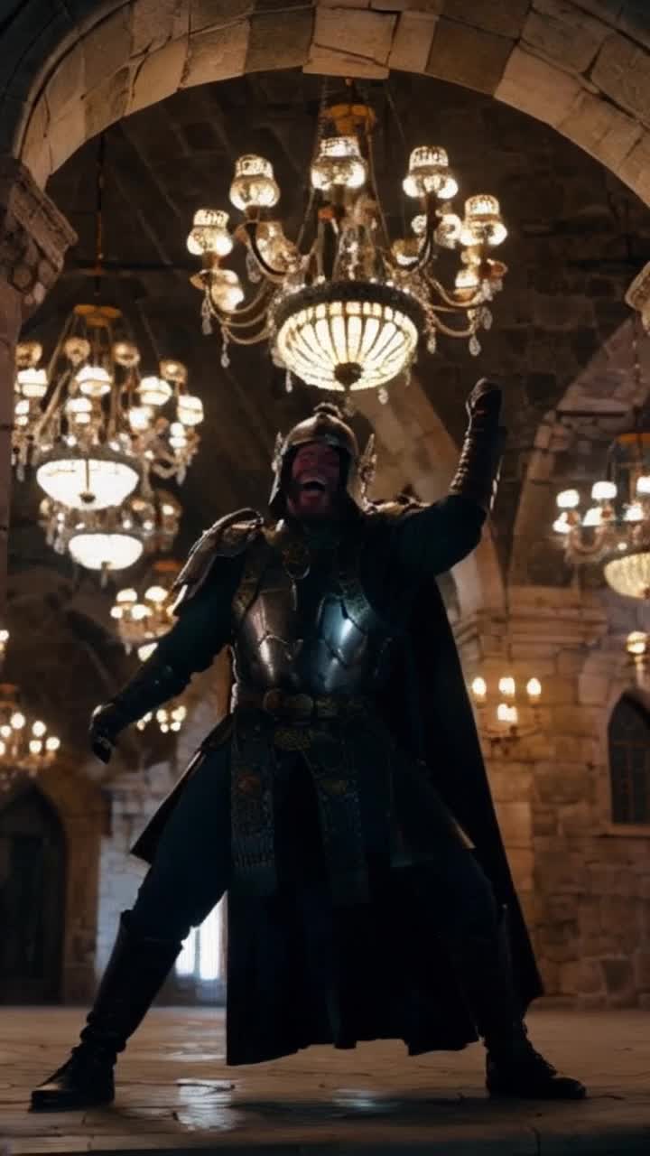Warrior clad in ornate armor exuding confidence with a wild laugh sending ripples of energy into the air Surrounding vibrant reflections of Venetian chandeliers casting flickering patterns on ancient stone walls atmosphere thick with tension as shadows dance and flinch from each echoing strike