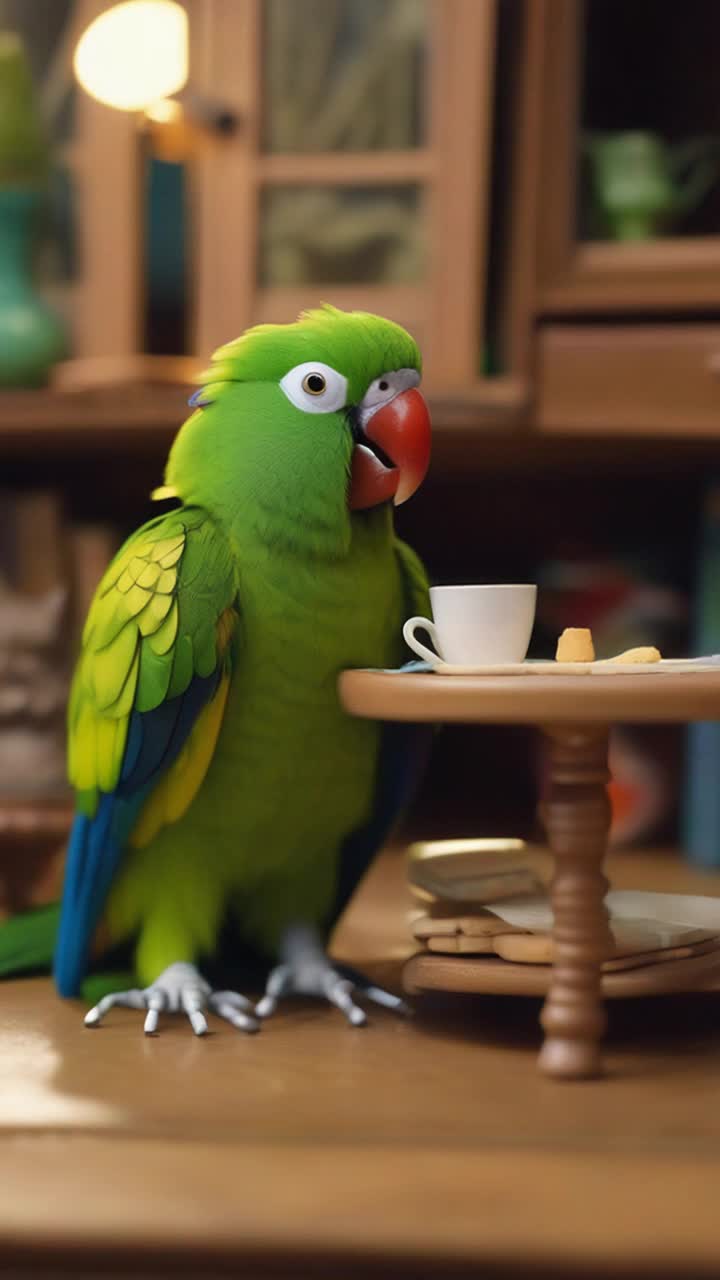 A  green spider parrot with near human cat like paws speaks many languages as Polly eats crackers and daintily sips tea while contemplating mechanical physics on a zoomed bookclub meeting  Living in what looks like a dollhouse , with doll sized furniture