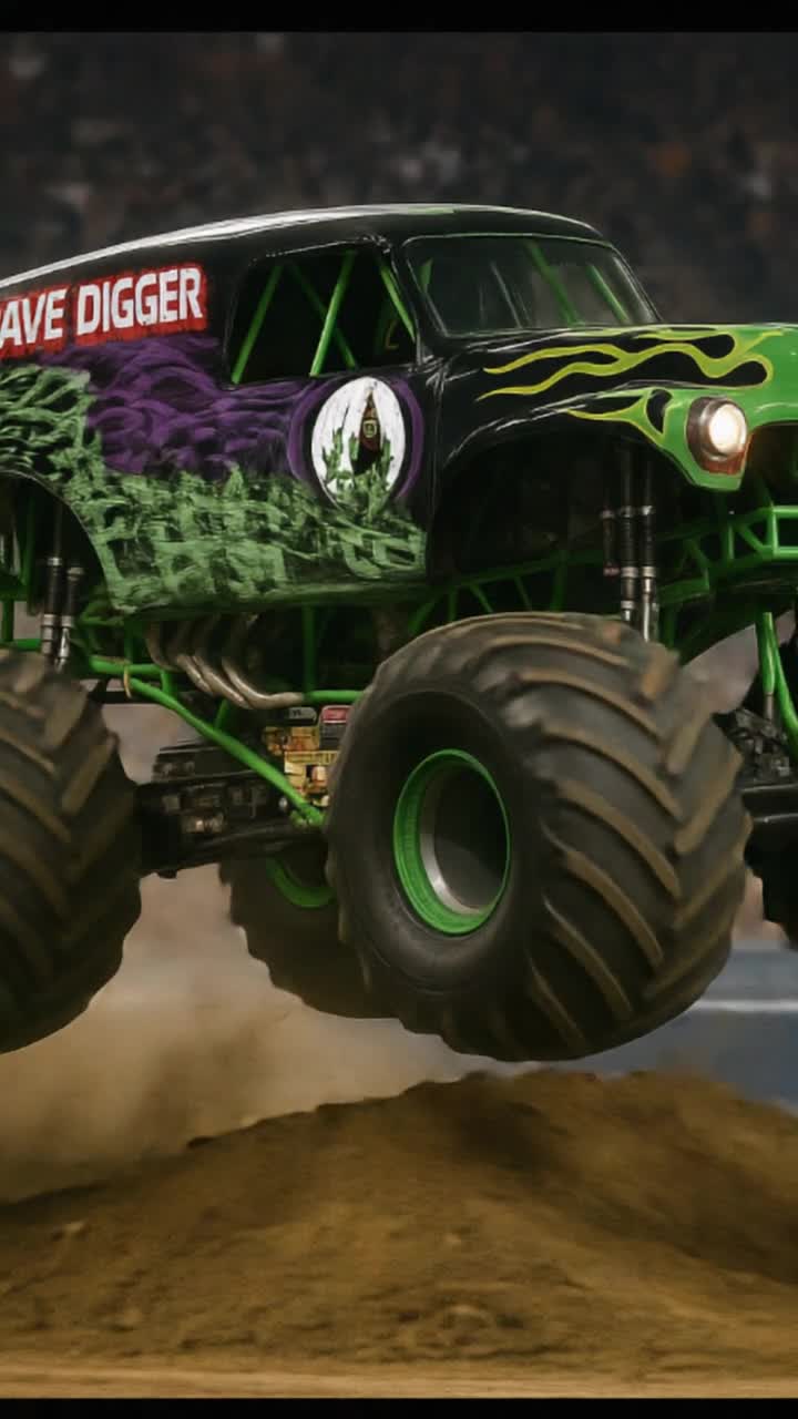 Hyperrealistic cinematic video of the legendary Grave Digger monster truck It soars through the air during a packed stadium event, massive tires spinning as it clears a dirt ramp Neon green and black paint glows under stadium lights Slowmotion captures dust clouds swirling, engine roaring Tracking shots follow from ground level as it lands with thunderous force, dirt flying Dramatic lighting, sharp focus on the truck, blurred crowd Infinite loop of jumps, spins, and crashes, filled with energy and motion