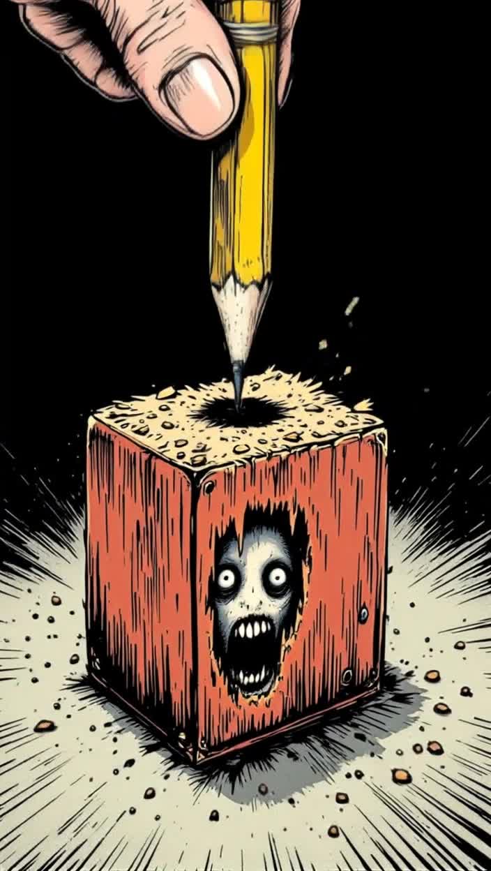 Point of view inside a hand crank pencil sharpener as a new yellow number 2 pencil is inserted, a bug foot grips the crank handle and the sharpening begins  It almost looks like a surprised face is forming in the shaving of the wood as the lead is bared in a fine sharp point      But no, the immediately terrified face is gone, an echo of anguished noooo fades into tragic silence