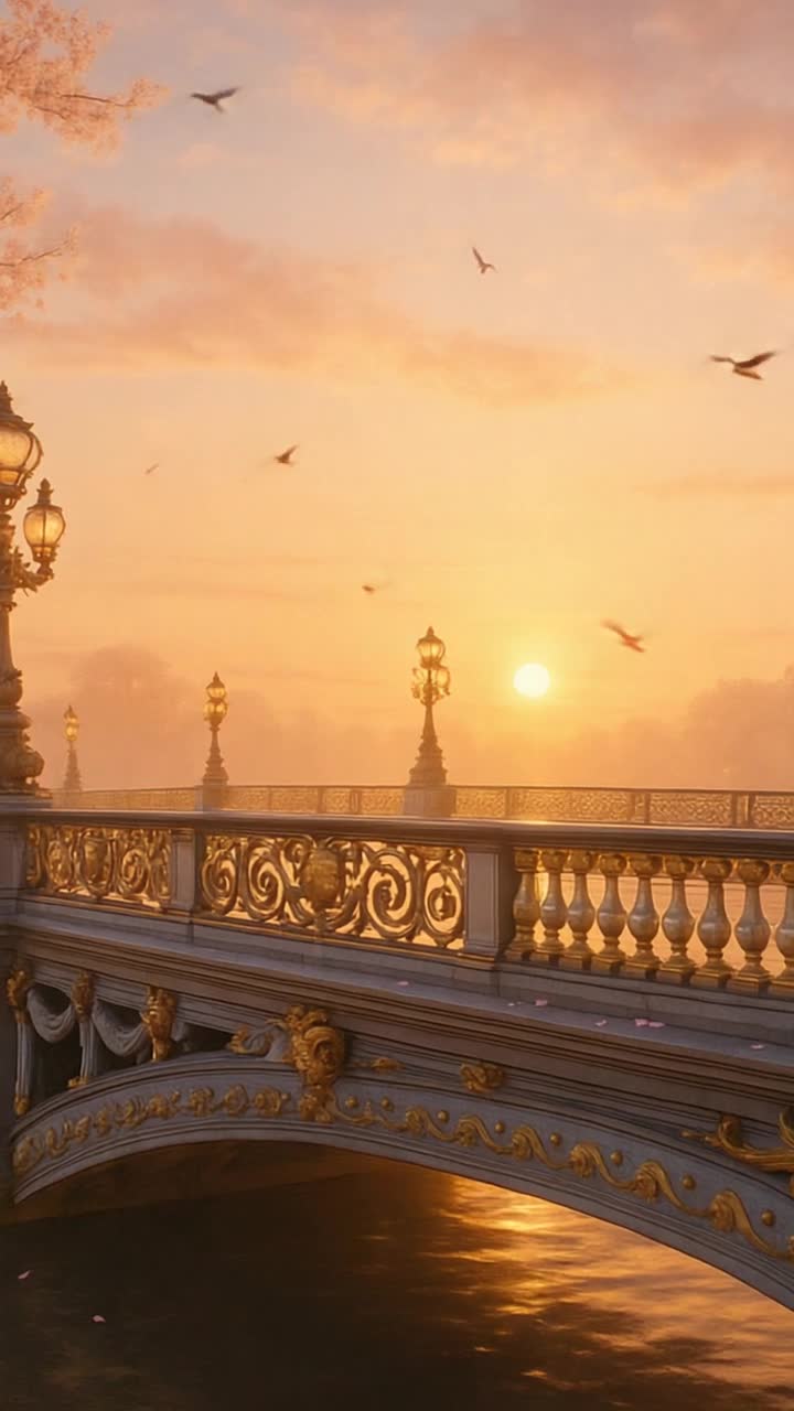 A breathtaking, highly detailed video of the worlds most beautiful ornate bridge at sunrise The bridge is an architectural marvel, with intricate wrought iron railings, golden accents, and sculpted stone pillars adorned with mythical creatures Blossoming cherry trees line the walkway, their petals drifting gently in the wind The river beneath reflects the glowing sky, shimmering with soft pinks and golds Birds soar above as a light mist rises The camera slowly glides across the bridge, capturing elegant lamp posts, decorative carvings, and the peaceful, dreamlike atmosphere of earl