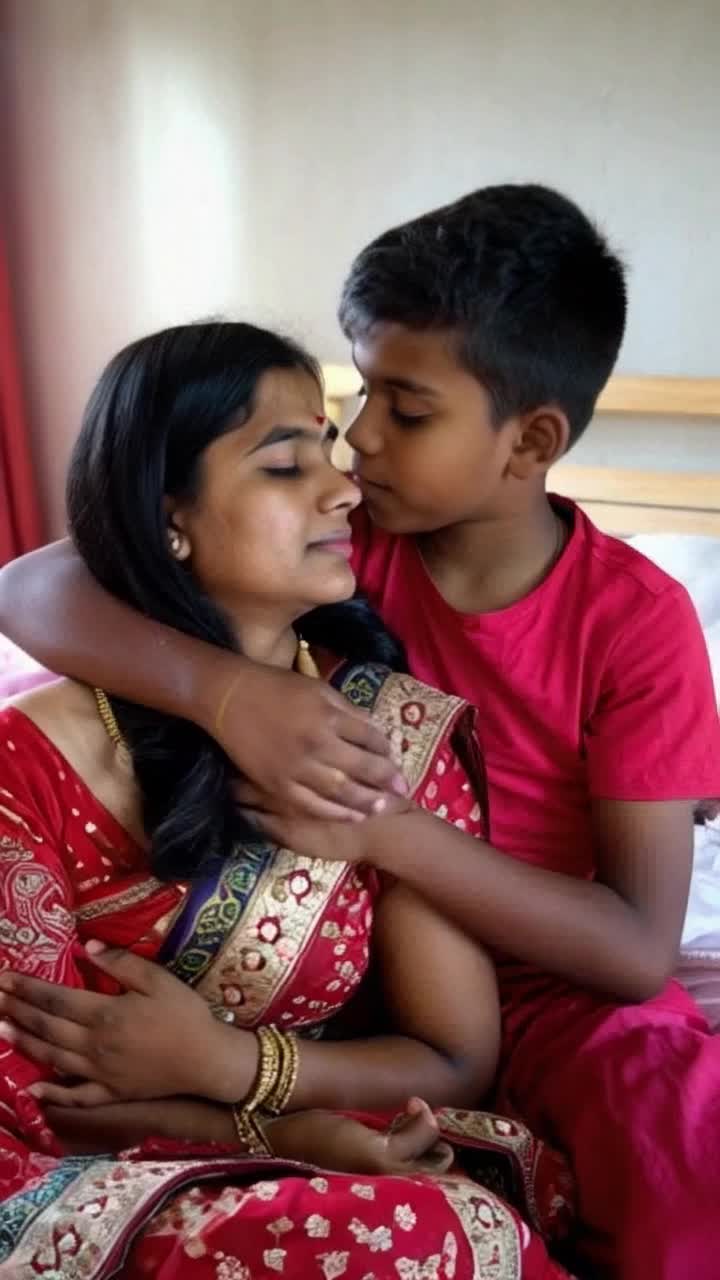 An Indian boy hugged and kissed a beautiful woman wearing an Indian sari Then he laid her on the bed, took off her sari, and kissed her chest