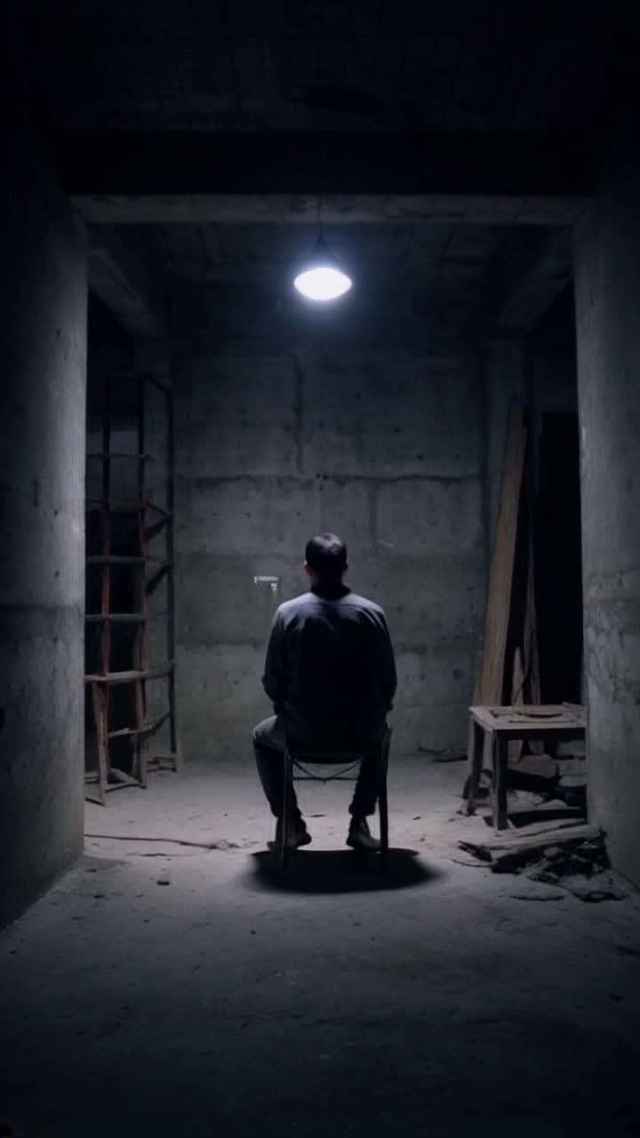 Cinematic shot of a lone figure sitting in a dark, abandoned room, dim single light above, gritty textures, strong shadows, dark cinematic atmosphere, mood of isolation and despair, volumetric lighting, 35mm lens look