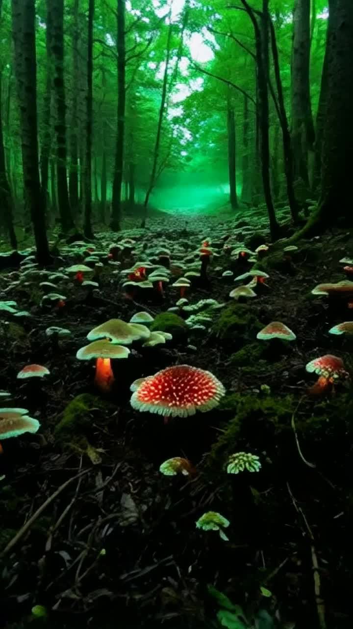 Lush forest floor blanketed in vibrant fungi clusters various shapes and colors vibrant red caps white specks luminous glow pulsing softly beneath dark shadows dwindle scratchy sounds of critters scurrying among fallen leaves mysterious mist swirling gently above damp earth enchanting light filtering through emerald canopy providing magical ambiance immersing viewers into captivating woodland wonderland