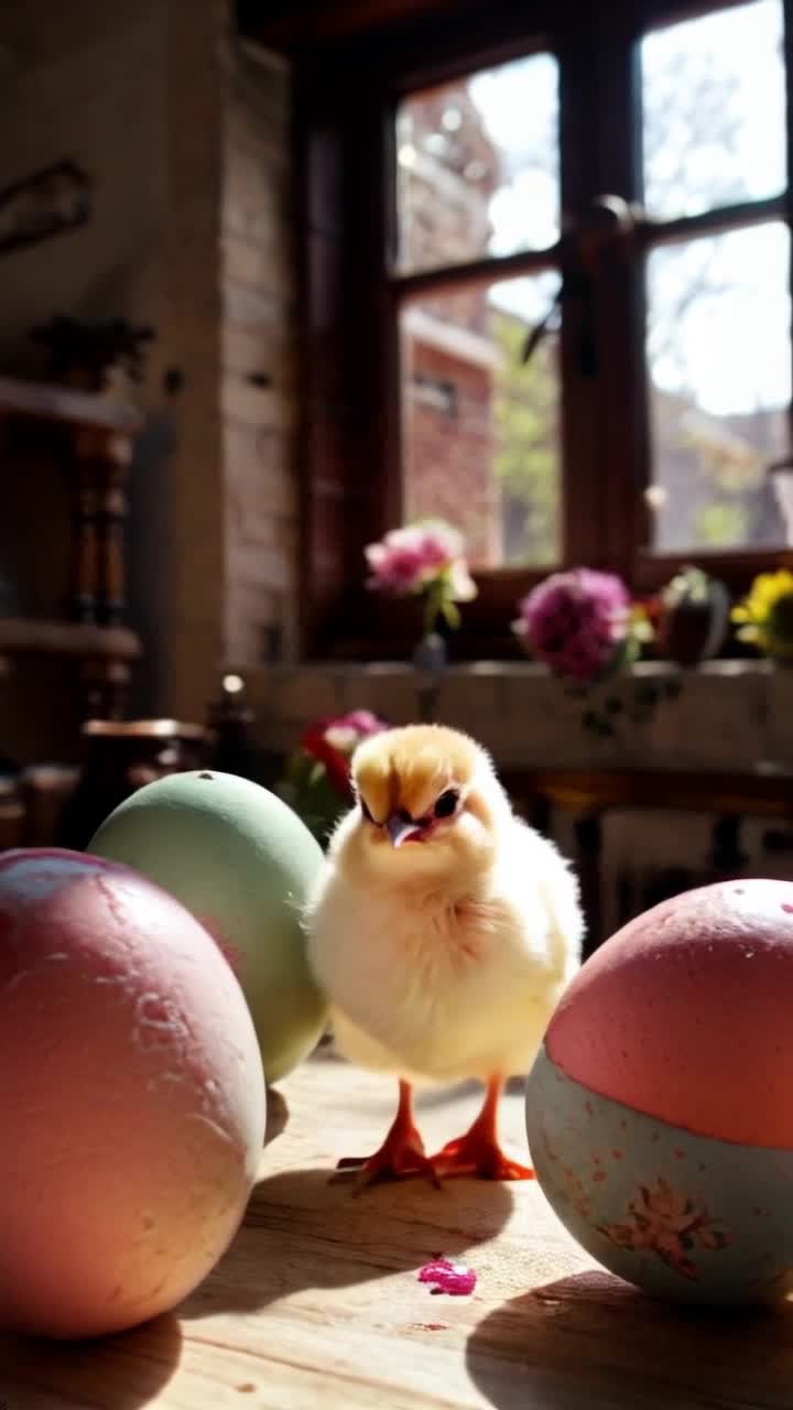 Three vibrant pastel eggs hatch open revealing tiny fluffy chicks bursting forth with energy and joy Spiraling soft sunlight filters through a sundrenched window illuminating a cozy rustic kitchen adorned with blooming flowers and warm wooden accents