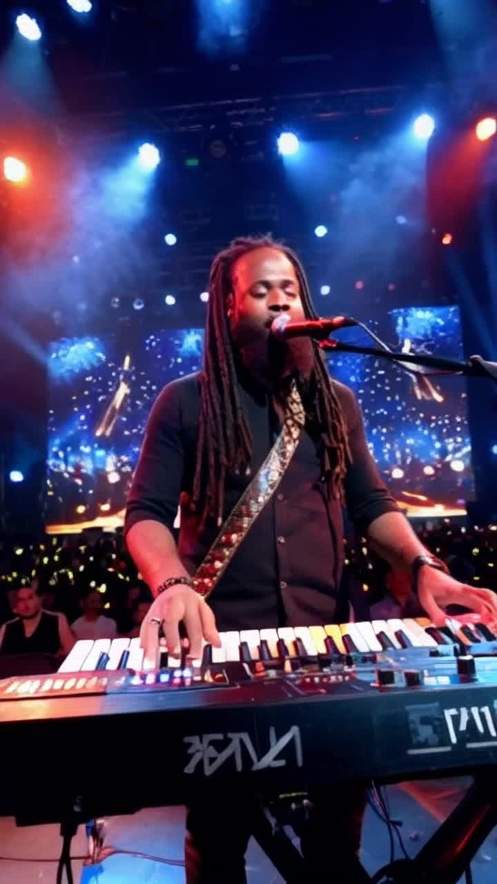 Dynamic black man with dreadlocks and beard playing electric keyboard synthesizer like a bass guitar resting on his body with ornate leather strap adorned with sparkling rhinestones in blue gold red vibrant atmosphere pulsating with energy under a blanket of stars captivated crowd of sixty thousand people cheering in unison fullsize concert stage illuminated by a symphony of one hundred stage lights dazzling blue red strobing white spotlights sweeping across audience electrifying mix of music on stand in front creating a powerful action shot radiating passion and connection in the night sky