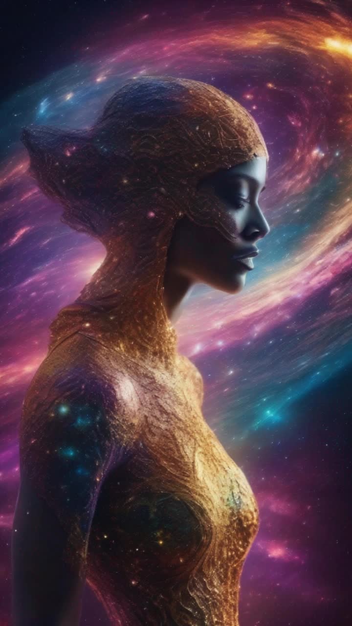High vibrational warrior gliding effortlessly through bright glittering stars Scultping expansive universe with fierce determination Leaving trails of shimmering cosmic wonder behind illuminating dark void with vibrant colors sparkling galaxies swirling in harmony celestial bodies dancing in unison energy pulsating throughout vastness of space creating breathtaking cosmic masterpieces