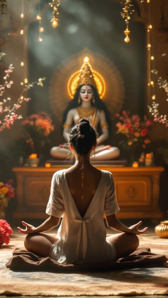 Serene individual seated before radiant Skandamata idol palms gracefully folded in devotion Gentle breath halting thoughts as a tranquil chant of her mantra unfolds Intimate setting adorned with soft