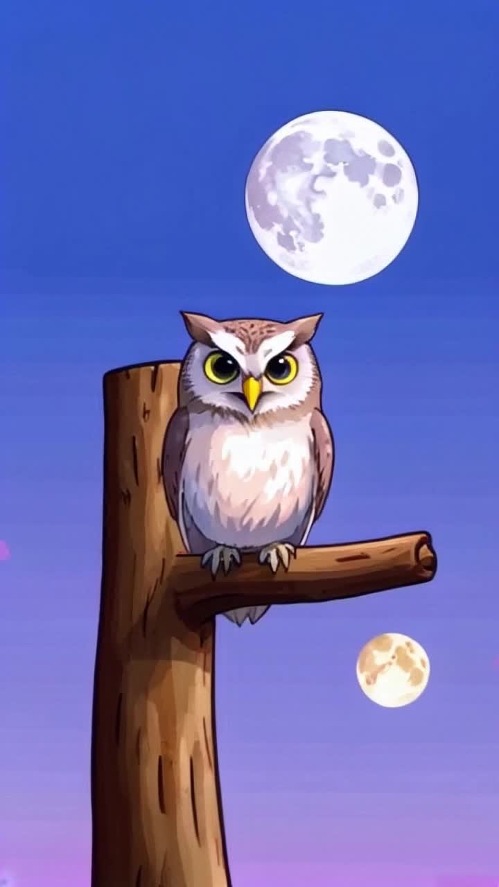 A cute cartoon owl sitting in a tree turns its head 360 degree Pastel colors, whimsical early evening, the full moon is out and the sun sun is still setting half within the horizon, shakes his head briefly  and flies away
