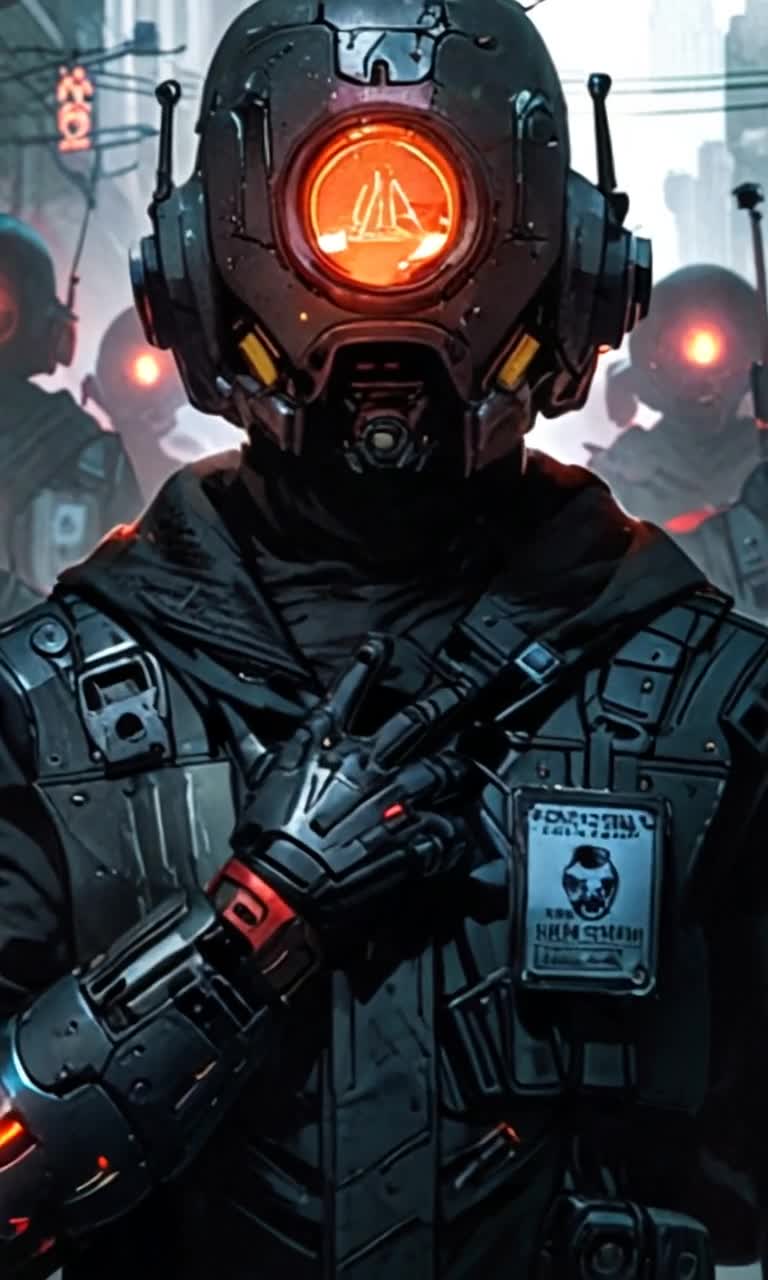 Commanding figure in tailored robotic uniform exuding authority Administer Payne stands tall amidst urban chaos Futuristic heavy boots stomping upon cracked pavement while raising a gloved hand signaling protestors in motion Fogshrouded decayed streets of Lovecraftian London enveloped in eerie steam Retrofuturistic gadgets glowing ominously around imposing silhouette Androids and clones surge forward wielding makeshift signs etched with desperate slogans their eyes aflame with defiance Voices echo through nightmarish alleys adorned with art deco influences Shadows flicker and dance in the background chaos unfolds against oppressive regimes stronghold