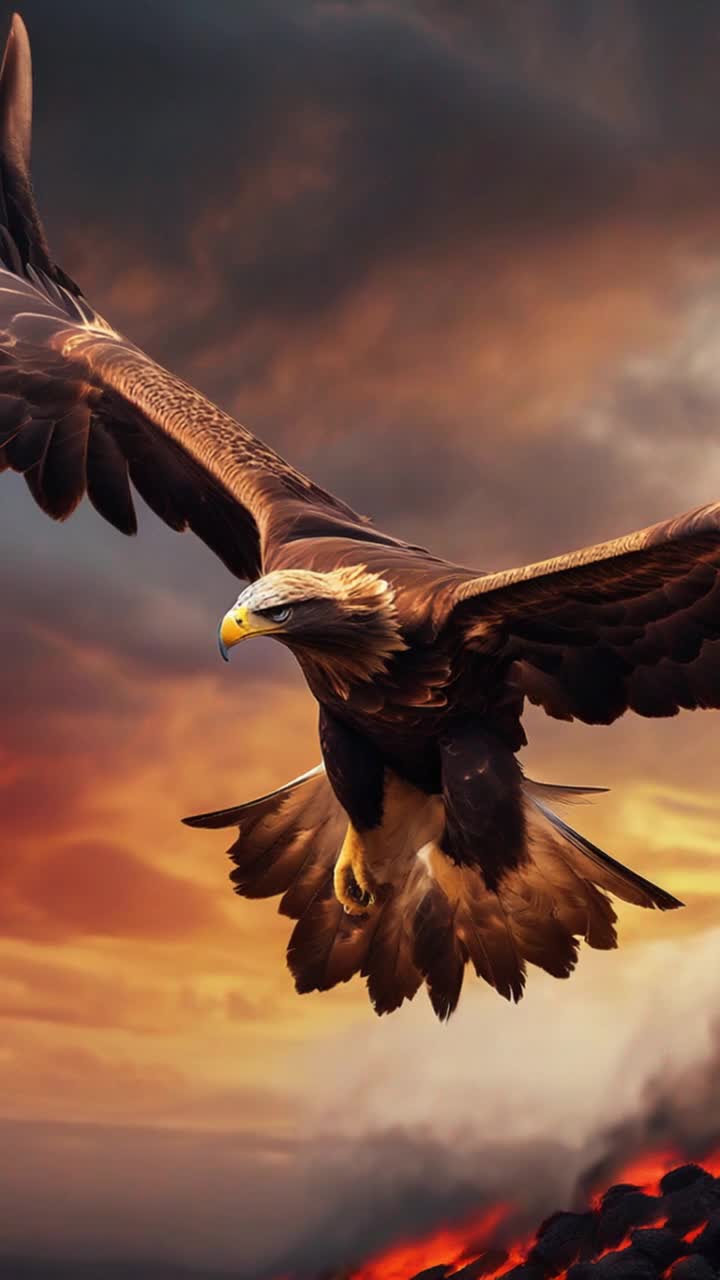 Majestic brown eagle soaring gracefully wings outstretched vibrant plumage glistening in sunlight volcanic ash billowing around lava spewing dramatically from fiery crater camera tracking eagles flight effortless gliding through clouds vivid colors painting the sky cartoonish visual flair enchanting atmosphere mixed with excitement ash clouds swirling behind intense heat radiating creating a mystical ambiance wonderment filling scenes eagle soaring toward distant horizon escaping chaos behind thriving lush landscape unfolds below dramatic juxtaposition of natures beauty and power capturing breathtaking journey chasing freedom