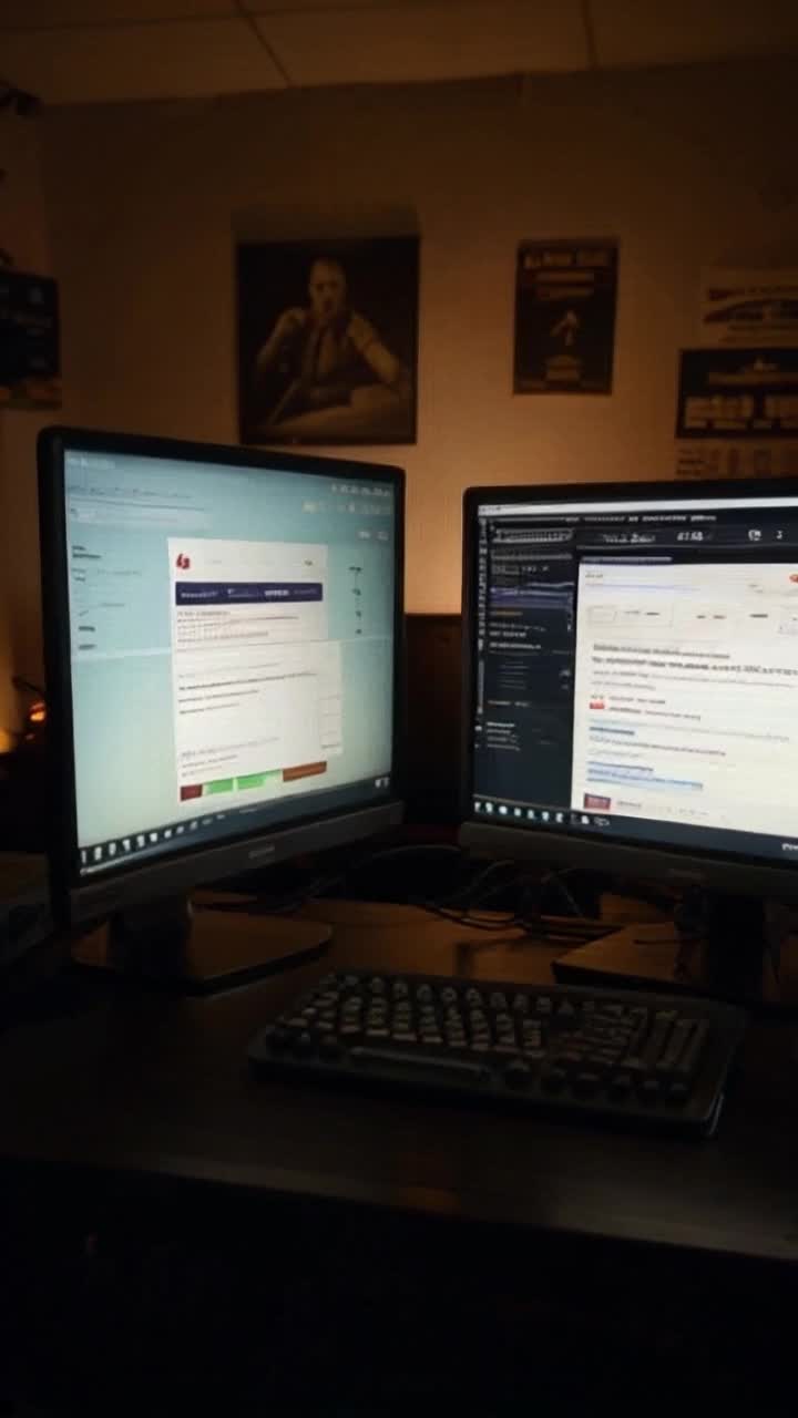 Two vintage computer screens flickering with early website designs displaying simple landing pages glowing softly in dimly lit room. Text typing appears as if by magic illustrating marketing strategies evolving over time. Background shrouded in nostalgia featuring retro posters of tech innovations and internet milestones with faint sounds of dial-up connections echoing softly