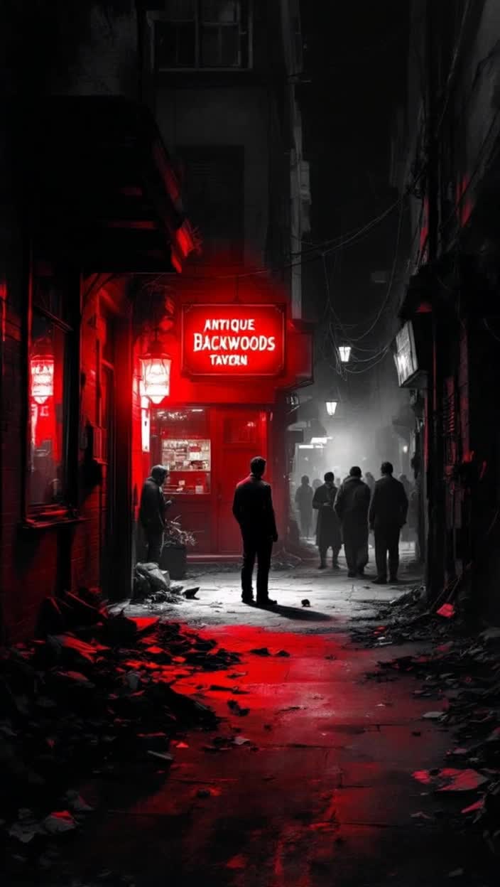 a dark debris filled alleyway there is a man standing in front of a door to the antique Backwoods tavern, the red neon sign above the tavern is the only illumination for the scene, a small rat scurries forward as more people walk up,   Black and White, selective color red, watercolor, thick brush strokes, brush artifacts, 8K