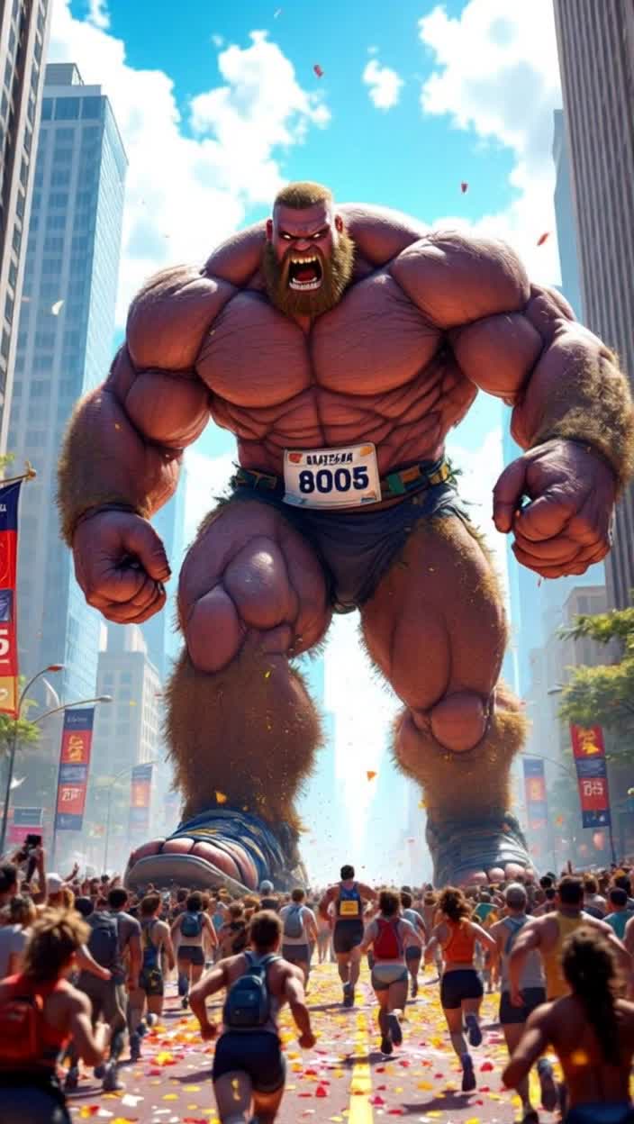 Colossal giants towering over the crowd, thunderous footfalls shaking the earth, vibrant athletic gear accentuating their massive frames Sprinting fiercely, muscles rippling with each powerful stride, determination etched on their fierce expressions Bustling city streets lined with cheering spectators, colorful banners fluttering in the wind, confetti raining down like vibrant snow Bright sunshine illuminating the path ahead, a vivid blue sky overhead contrasting with the intensity of the race Majestic skyscrapers reaching toward the heavens, adding to the epic atmosphere of this extraordinary marathon