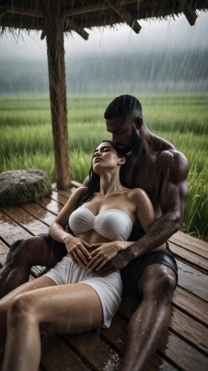 heavy rain, man hugs woman tightly romantically