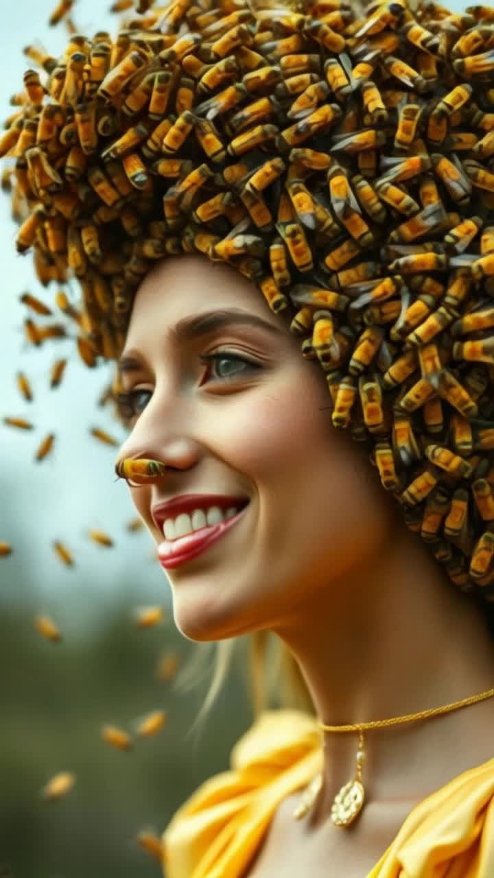 Millions of bees busy buzzing on womans  hairless head, and they form a moving beehive wig, bee wig is making her sing exuberantly as one individual bee flies off from her nose perch and fills the screen in the foreground 