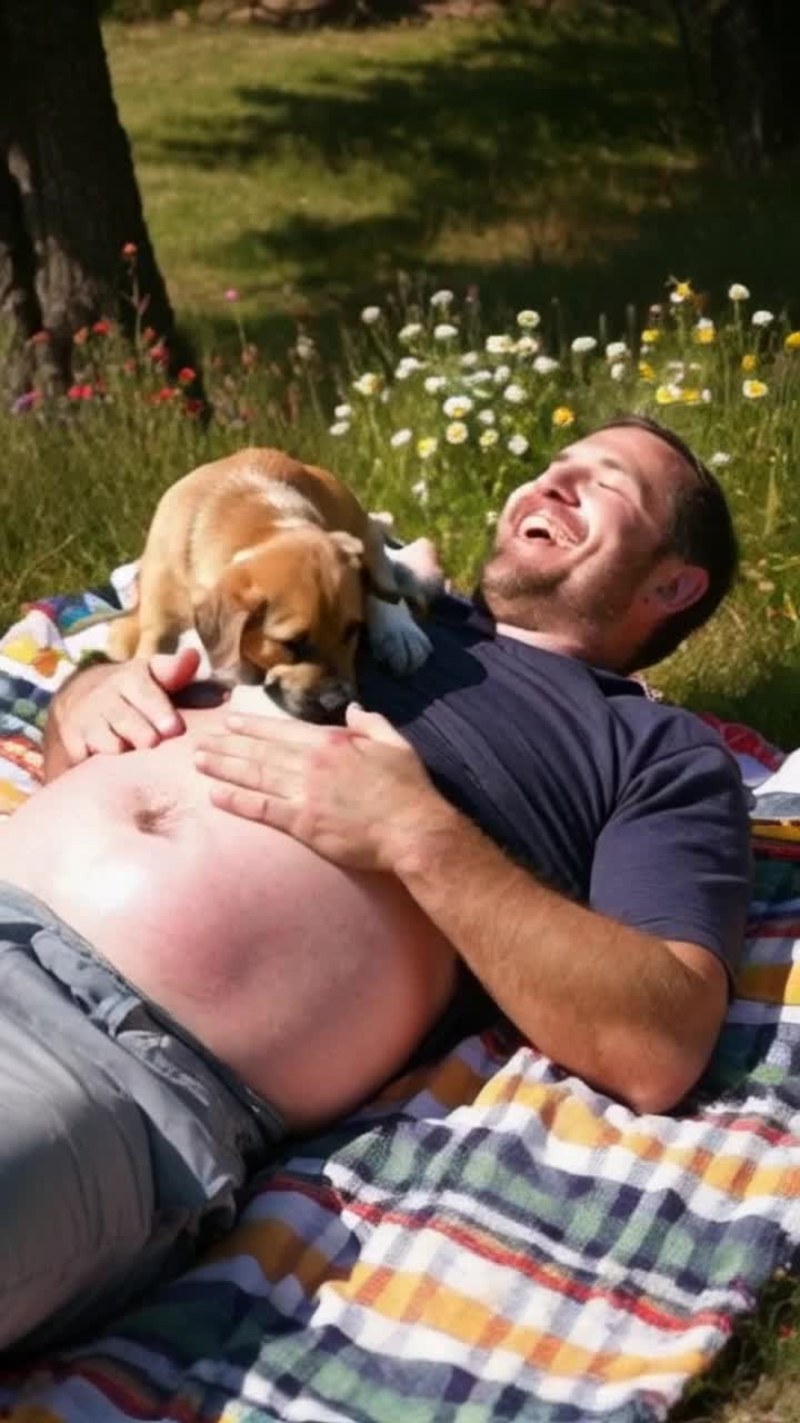 A cheerful man with a playful grin lying on a colorful picnic blanket featuring vibrant patterns as warm sunlight bathes the scene Inflating his stomach stomach with each gentle breath while a playful puppy joyfully nuzzles his belly creating a scene filled with laughter and affection Surrounded by blooming wildflowers swaying softly in the breeze with nearby trees casting dappled shadows inviting relaxation and joy
