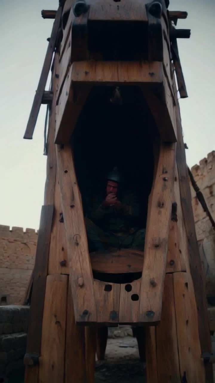 Close up front view of a giant wooden Trojan horse being offered outside of a fortress, so close to the mouth that is slightly open for air so the warriors that can be seen inside have a tad more ventilation than the few air holes hidden from adversaries that will not look a gift horse in the mouth, the warriors are visible in the dim light as the view pans slowly inward, like a camera going between the open lips of the wooden horse, between the teeth One soldier removes his helmet to anxiously scratch his head,then replaces his helmet
