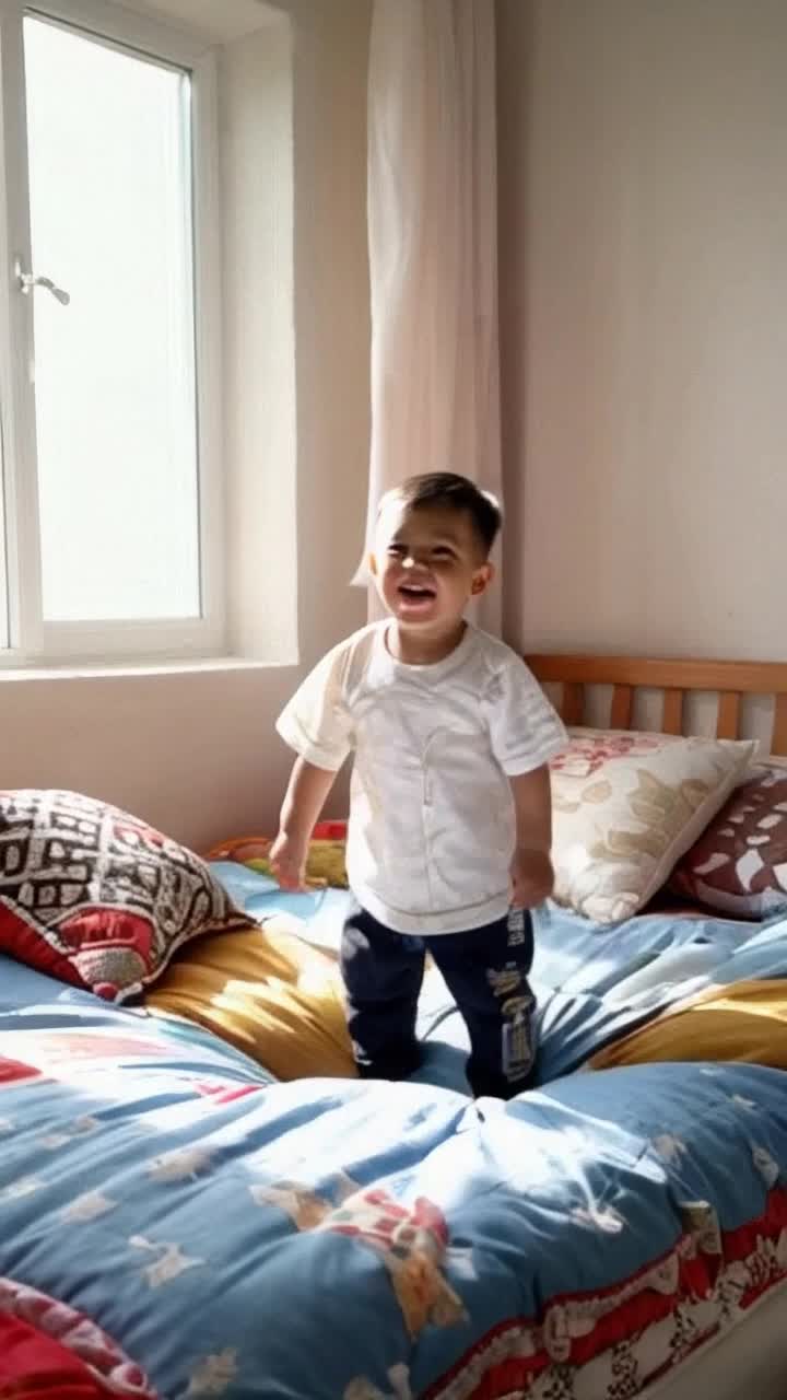 Obaidullah with bright laughter flinging himself joyfully onto a bouncy bed surrounded by colorful pillows and blankets strewn about whimsical patterns, catching sunlight flooding through a nearby window where dreams drift into reality, curiosity sparkling in my eyes waiting to inquire playfully why hes bouncing so energetically, laughter echoing in the playful atmosphere of childhood joy creating a scene alive with childhood mischief and carefree moments filled with happiness