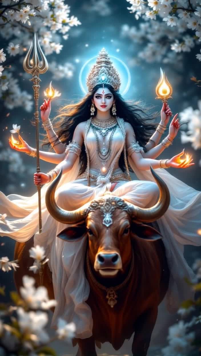 Goddess Mahagauri radiating divine beauty at sixteen with an ethereal fair complexion shimmering like moonlight Four graceful hands adorned with a Trishul in one right hand the second in Abhaya Mudra holding a Damaru in the left with the other in Varada Mudra Elegantly draped in flowing white garments symbolizing purity Ascending on a magnificent bull symbolizing strength Surrounded by blossoms of Kunda illuminating the scene with soft hues of white and gentle light invoking a serene atmosphere Celebrated during Navratri evoking an aura of devotion and reverence wrapping the setting in vibrant energy