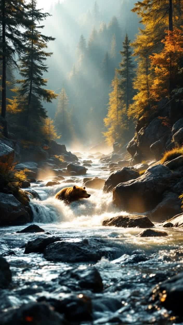 With a horizon line between rocky riverbed rush of cool mountain water and the boulders of land that the water fountains its way downstream, the asymmetrical body of bear nosing its head under the current ripples for salmon swimming upstream is photographically prize winning as sun beams through the pines, Birch and maple trees, Vibrant colors, must sprays, a little bit of fog lifts around the wet edges