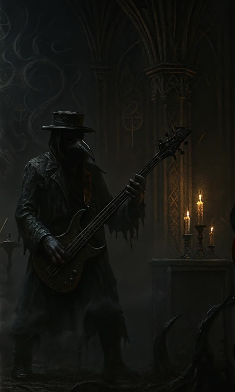 A dark gothic metal band bobbing heads rapidly and unison headbanging as they plays an erroneous point truth of deception in melodic irony,
