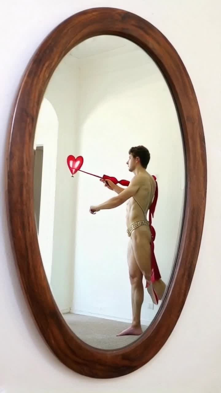 The following of prompts is still pretty bad Cupid shoots himself with a heart arrow through a full length mirror