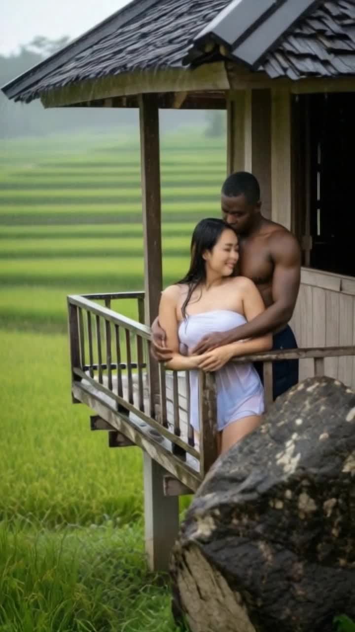 heavy rain, man massages woman