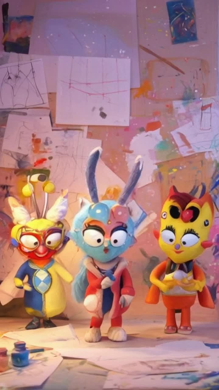 Colorful animated characters with expressive eyes and unique designs come to life dancing joyfully across the screen spinning and twirling in synchronized harmony a vibrant studio filled with sketches and vibrant paint splashes illuminated by soft warm light creating a magical atmosphere where creativity flows like a gentle breeze