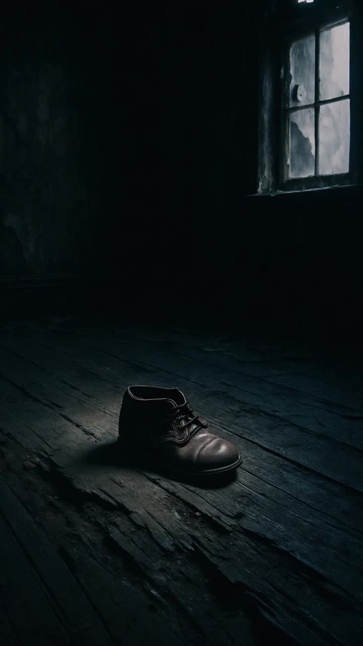 A childs shoe on the rotting floor,