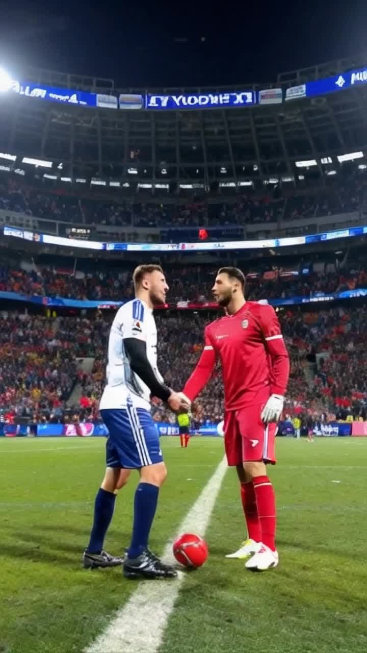 Two iconic football legends Ronaldo and Messi clashing fiercely with intense expressions and athletic postures battling for supremacy in a colorful stadium filled with roaring fans vibrant jerseys flags waving in the air Suddenly tension melts away as they lean in and share a surprising kiss under dazzling stadium lights creating a moment of unexpected unity sparking wild cheers and applause illuminating the field with joy