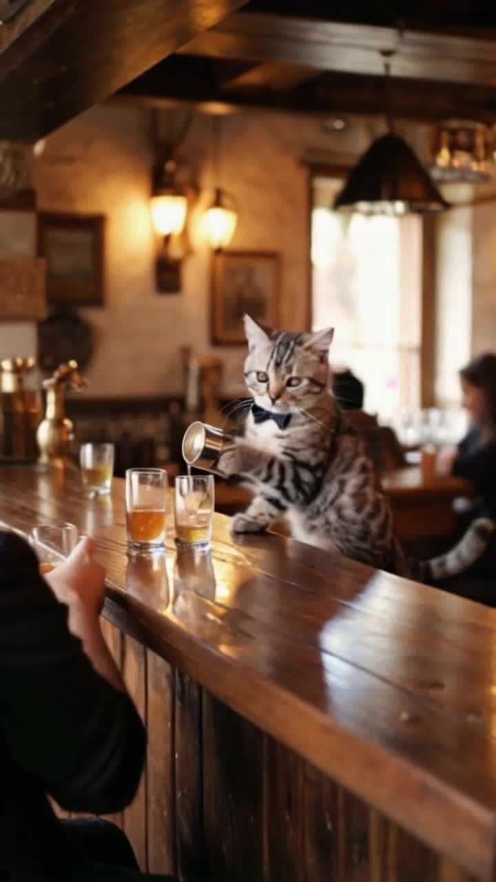 Fluffy tabby kitten sporting a little bowtie expertly balancing on hind legs Behind a polished wooden bar pouring colorful cocktails into tiny glasses Warm cozy pub filled with vintage decor soft golden lighting illuminating friendly patrons enjoying lively conversation