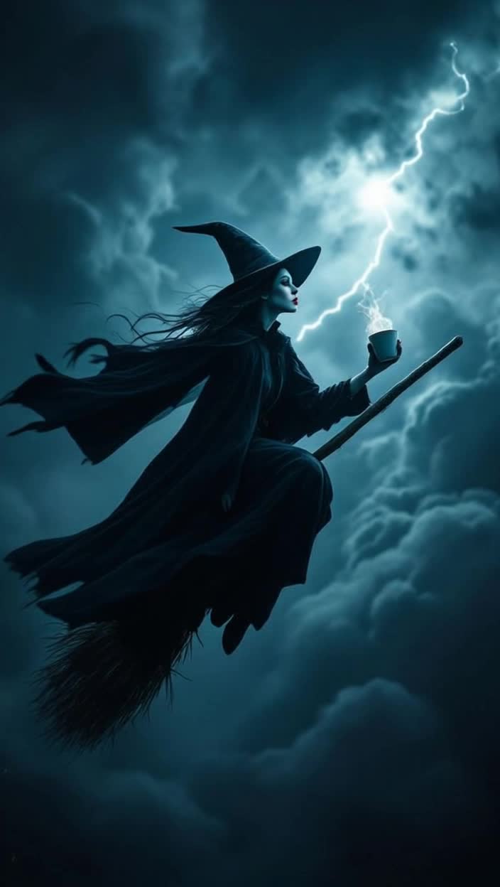 A witch on a broom holding a cup of coffee is flying thru the scary cloudy Halloween nite