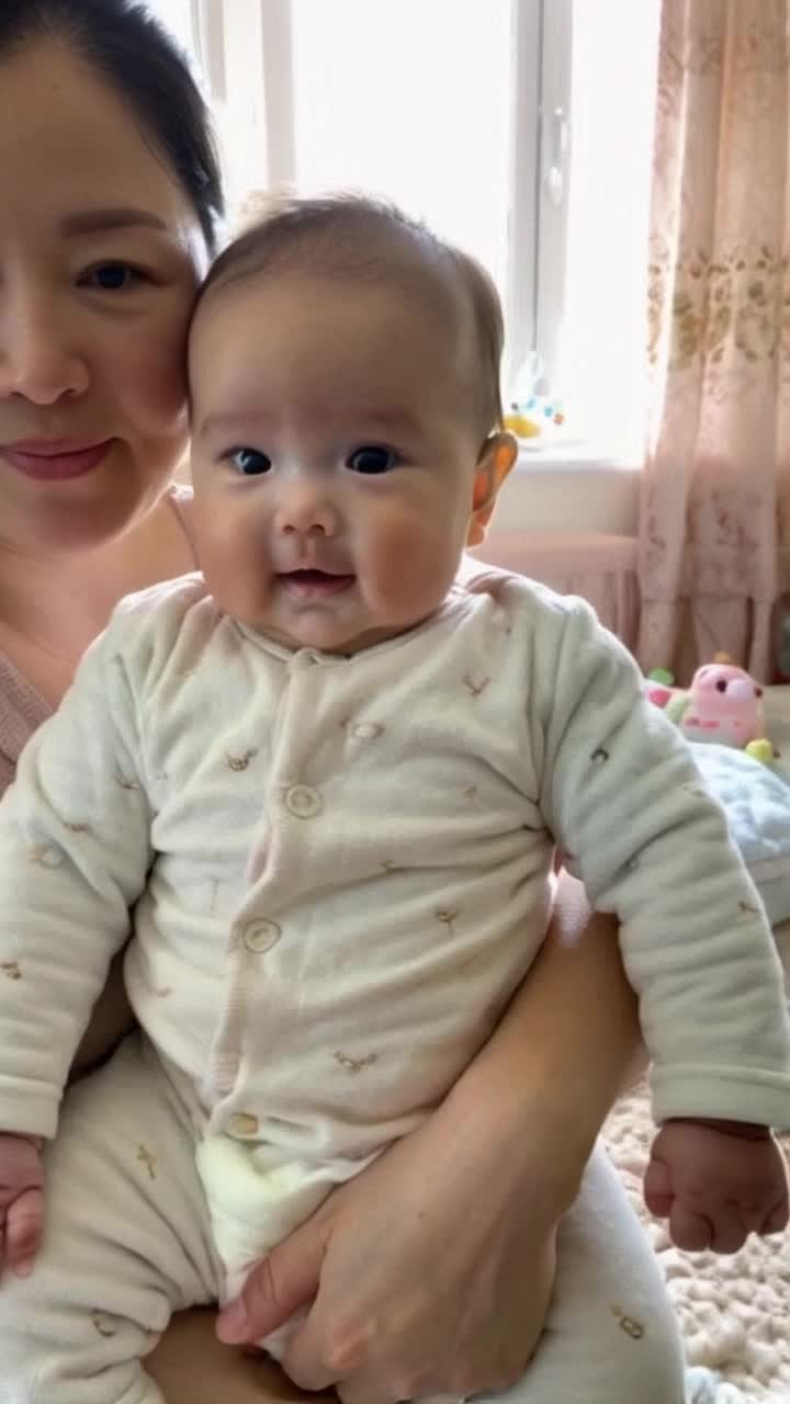 Infant cradled in cozy arms radiant smile sparkling eyes  Gently snuggled against plush soft fabric radiates warmth  Lush nursery adorned with whimsical pastel colors sunlight filtering through delicate curtains