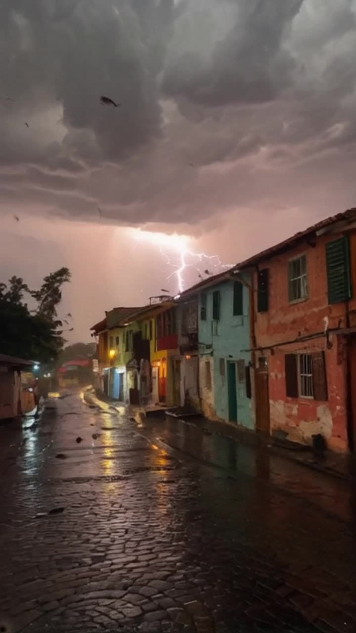Charming small town nestled in Honduras vibrant colorful houses with worn wooden shutters intense thunderstorm raging above flashes of brilliant lightning illuminating dramatic dark clouds Empty cobblestone streets glistening with rainwater surreal fish cascading from the sky splattering onto the ground as the storm roars overhead eerie silence enveloping the scene punctuated by distant rumblings of thunder atmospheric tension blending with natures chaotic beauty
