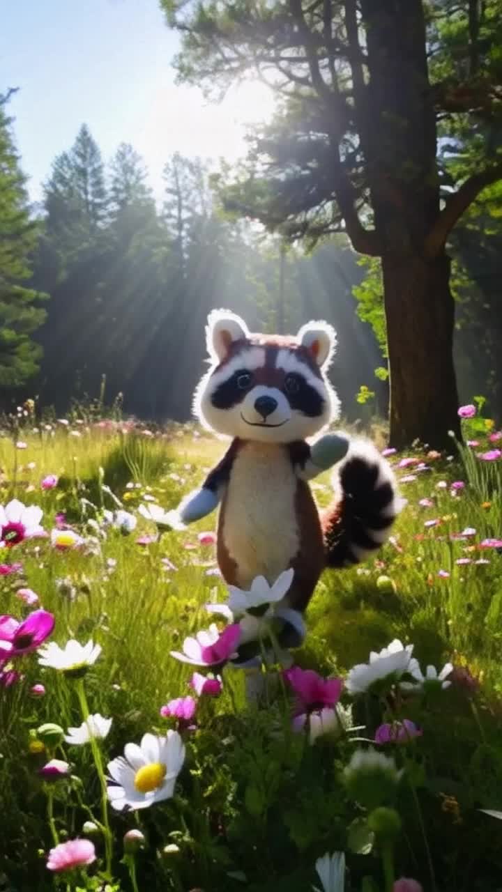 Whimsical plush raccoon with soft fur and twinkling button eyes dance joyfully among vibrant wildflowers swirling gently in a sundrenched meadow surrounded by lush greenery and towering trees casting playful shadows while golden sunlight filters through leaves creating a magical atmosphere filled with the sounds of chirping birds and rustling leaves inviting viewers into an enchanting adventure