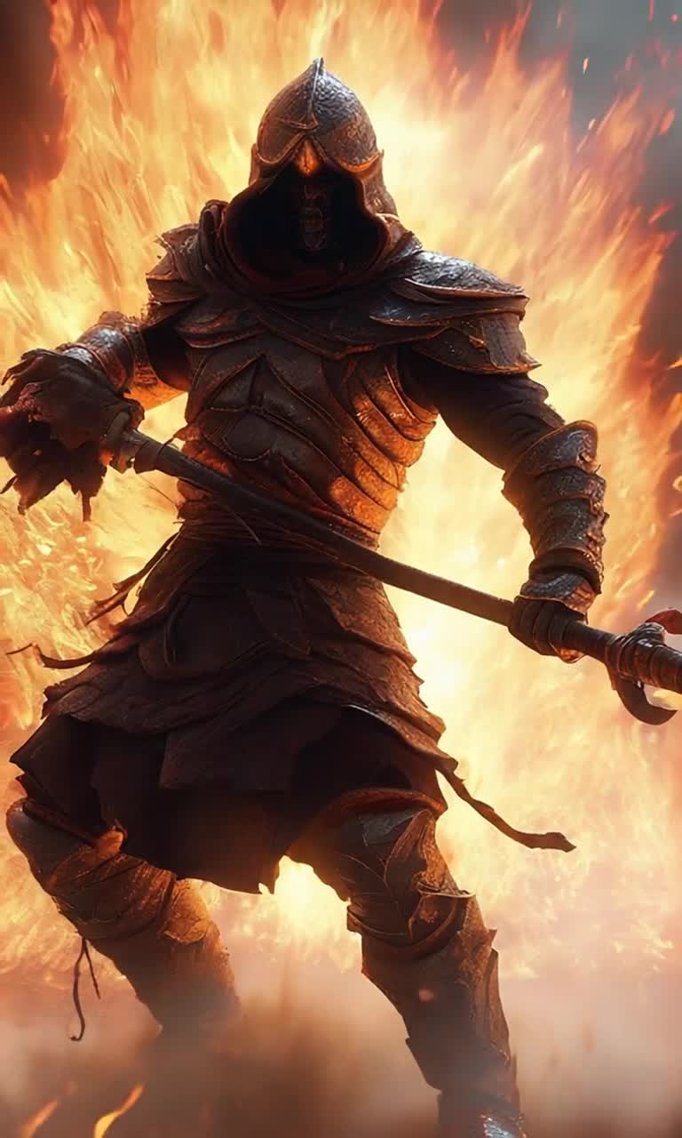 Warrior cloaked in radiant flames bursts forth from smoldering ashes embodying strength and speed unmatched Energy radiates in vibrant waves illuminating surroundings Dark silhouettes of demons and witches lurking in shadows desperate to extinguish the light Ancient ruins lie scattered in desolate landscape remnants of past battles engulfed in a haunting mist as celestial light breaks through dark clouds revealing a path of hope and power Thunder rumbles in the distance echoing the emergence of unyielding spirit ready to confront malevolent forces with unwavering resolve then the action begins as the chosen warrior leaps into battle 