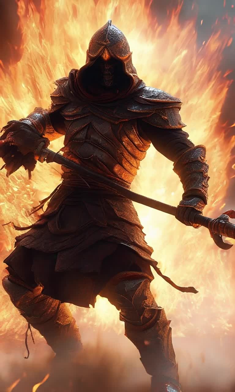 Warrior cloaked in radiant flames emerges from smoldering ashes radiating power igniting air with extraordinary strength charging forward with fierce intensity surrounding embers dancing in the twilight sky wisps of smoke curling upward glowing embers lighting up shadows in the darkened landscape echoes of ancient battles faintly heard in the background electric energy crackling through the atmosphere creating an exhilarating tension as a new champion rises victorious from the ruins