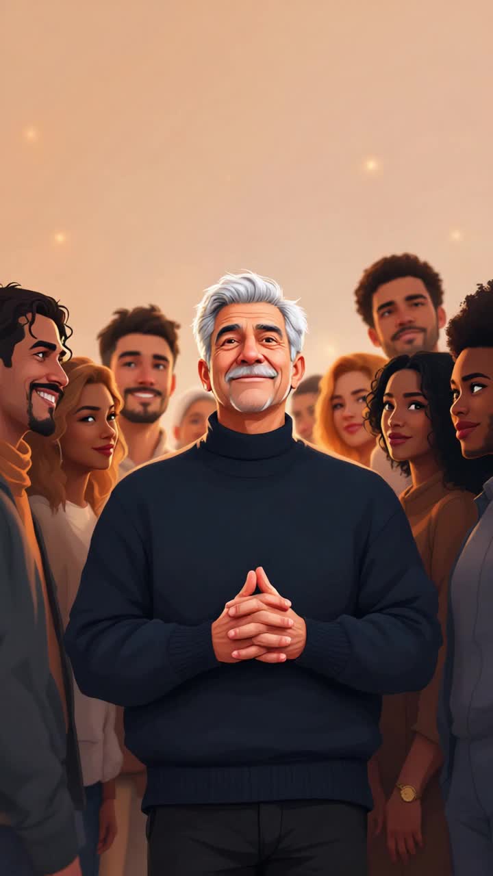 Grey haired hispanic man in his 50s joining hands with a bunch of people