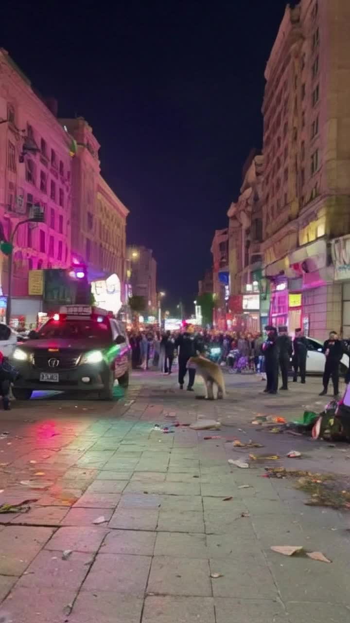 Playful monkey darting through bustling city streets evading pursuing police officers racing after it with sirens blaring vibrant neon lights reflecting off windows as crowds scatter in surprise scattered trash and colorful street art adding to chaotic atmosphere