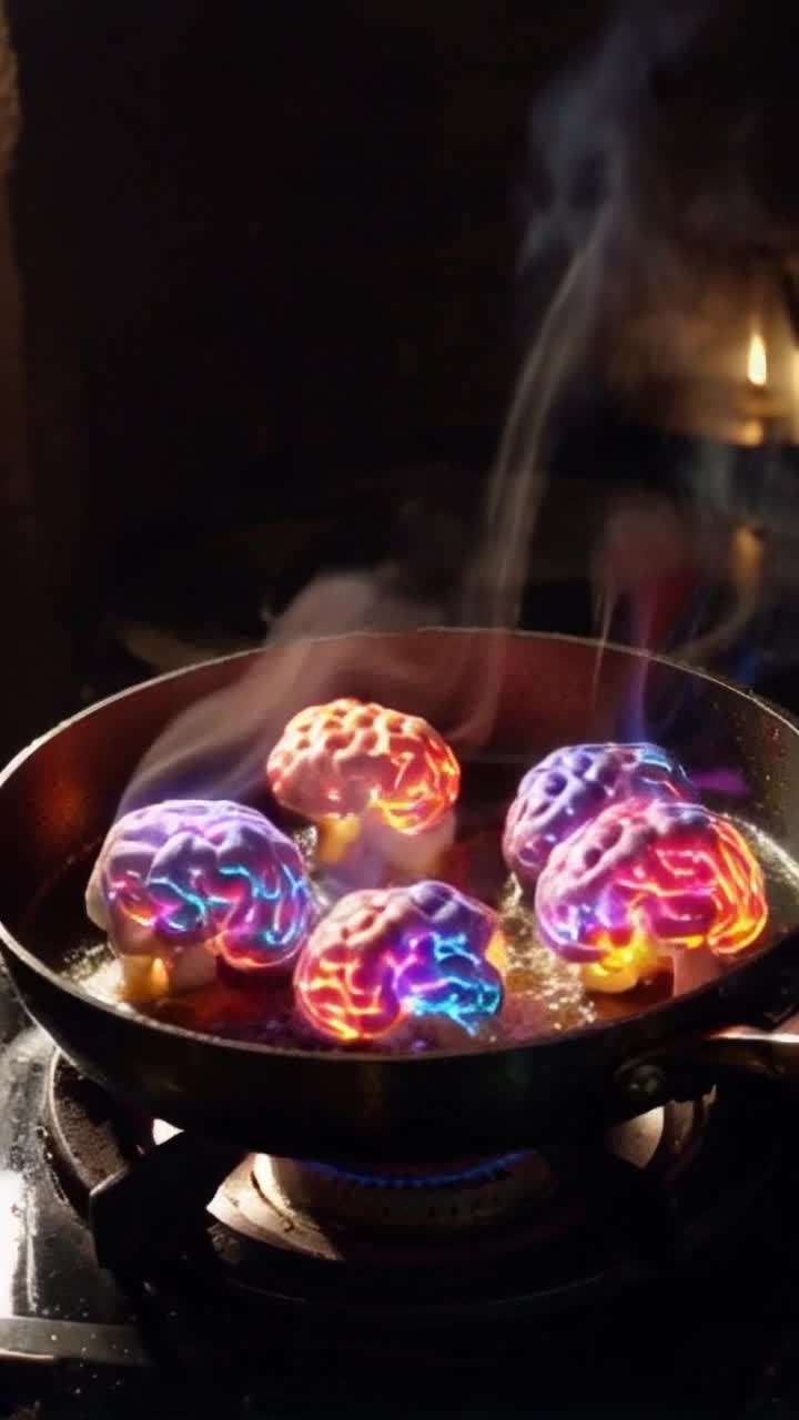 Surreal glowing brains sizzling in a hot frying pan pulsating with vibrant electric colors radiating thoughts and ideas steam rising in ethereal wisps as they begin to ponder their existence transforming raw emotion into vivid imagery abstract thoughts swirling like smoke clouds around them an intense kitchen setting filled with shadows and flickering lights warmth and chaos intertwined as the sizzling intensifies revealing the contrast between heat and cognition